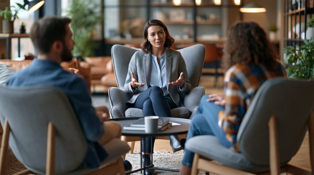 Médiation professionnelle accompagnant un échange entre deux personnes